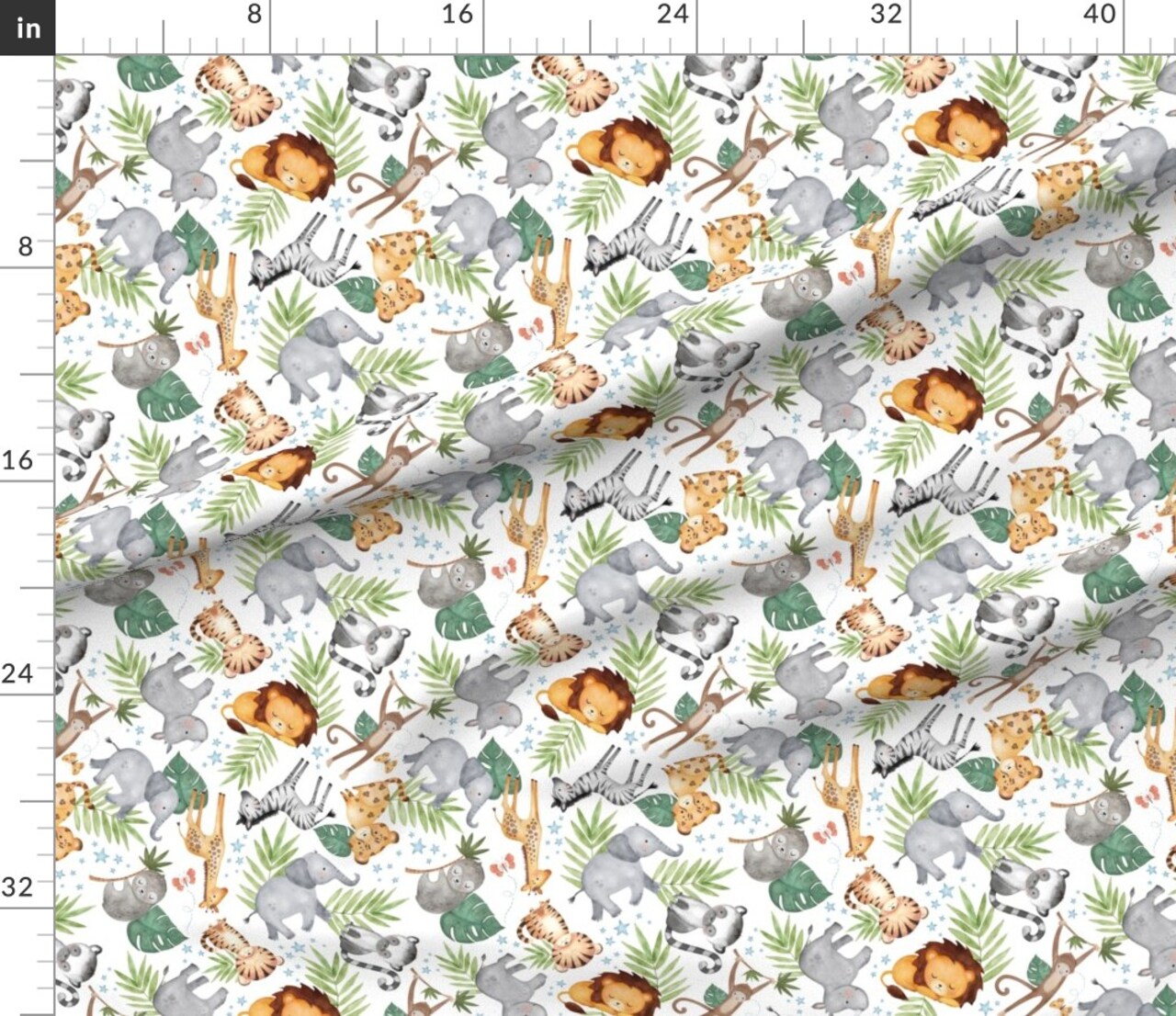 Various Fabrics by the Yard or Fat Quarter Jungle Friends White Kids Safari Animal Nursery Lion Elephant Giraffe Zebra Rhino Cheetah Scale Wild Animals Custom Printed Fabric by Spoonflower